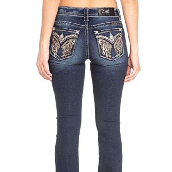 Women's Embellished Angel Wings Faux Flap Jeans - Picture 1 of 2